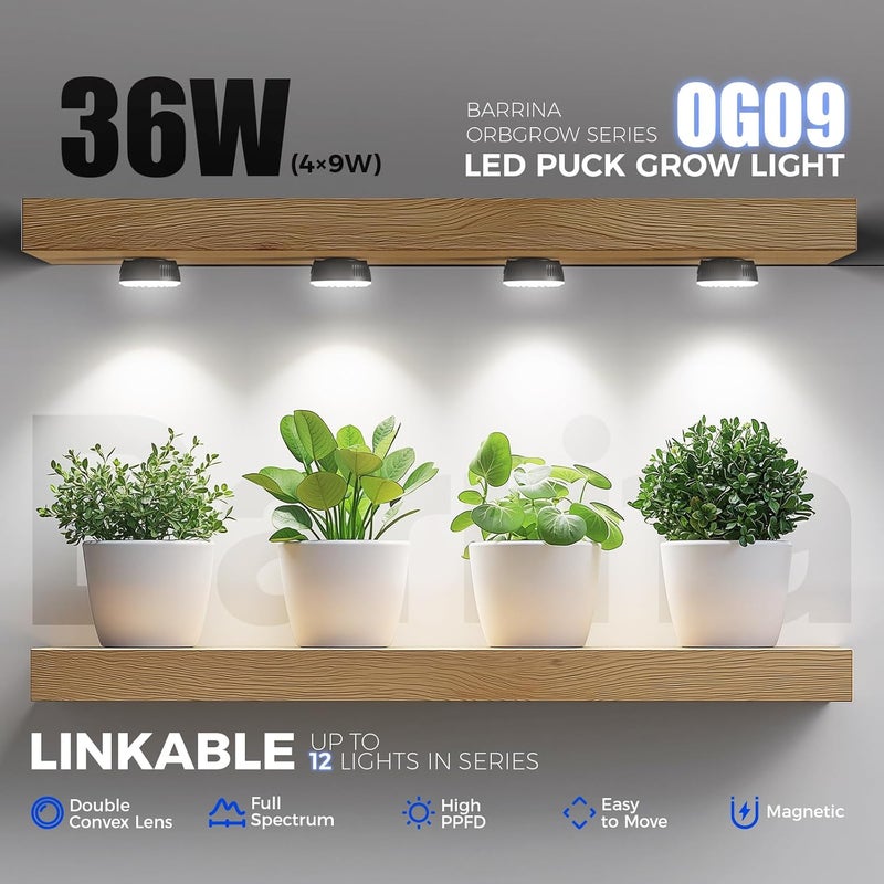 Barrina Orbgrow OG09 Puck Grow Light, 5000K 36W(4 x 9W, 540 Watt Equiv), Full Spectrum Plant Light for Indoor Plants, Magnetic & Linkable with Timer, 5 Levels Dimmable for Plant Shelf, 4 Packs, Black - Image 3
